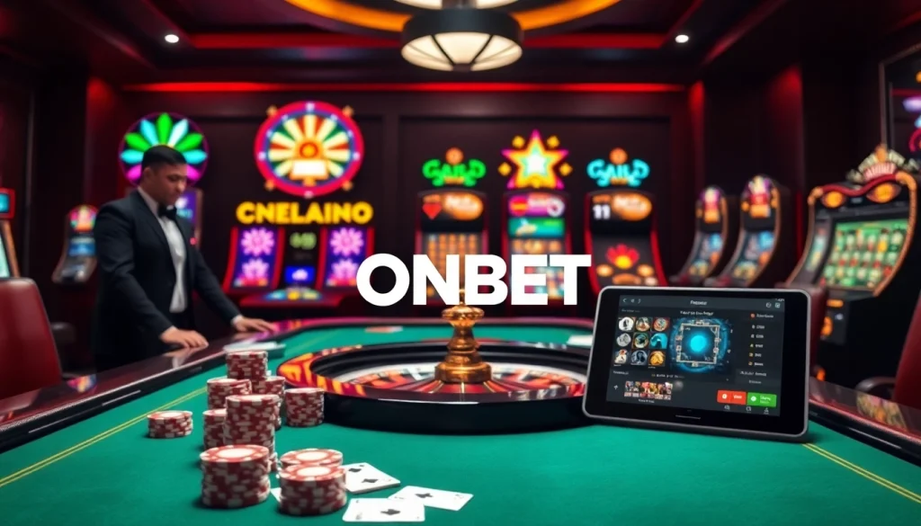 Engaging scene showcasing ONBET's luxurious online casino with poker chips and gaming tables.