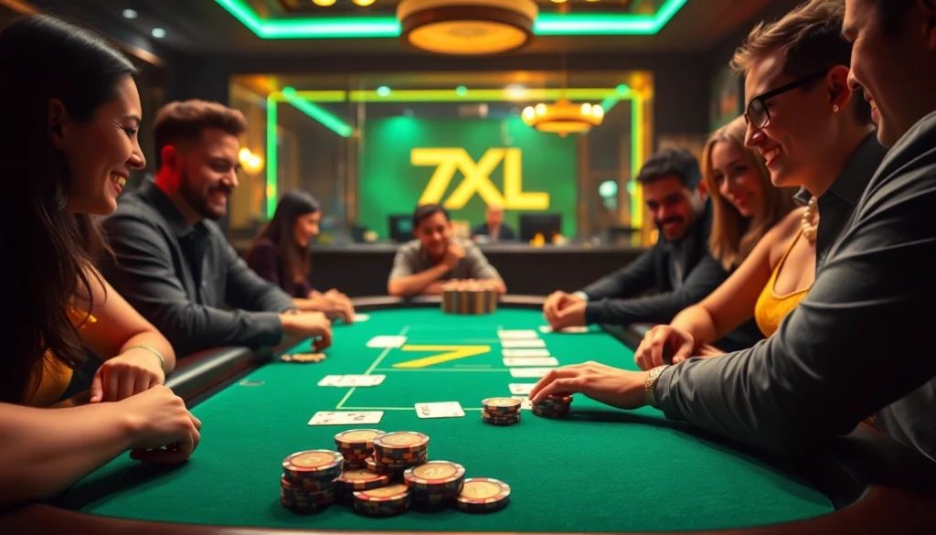 משחק פוקר מקוון מרגש בפלטפורמת 7XL עם שחקנים, קלפים וצ'יפים