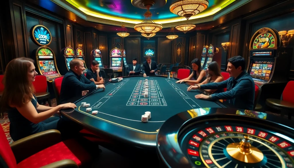 SODO gamblers strategizing at a luxurious casino table, surrounded by vibrant slots and roulette.