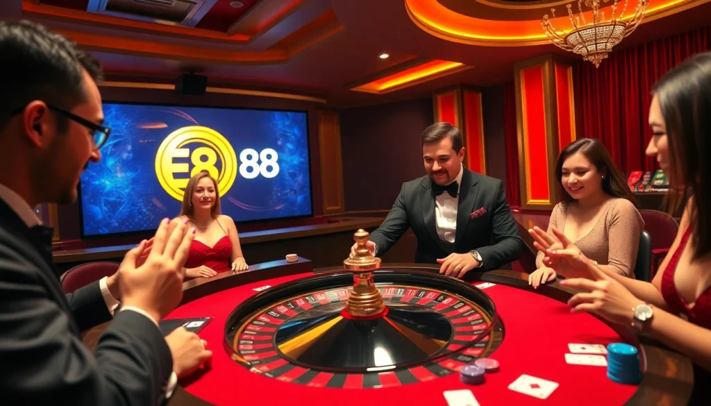 Experience the thrilling EE88 casino action with players at a roulette table, high-stakes excitement captured.