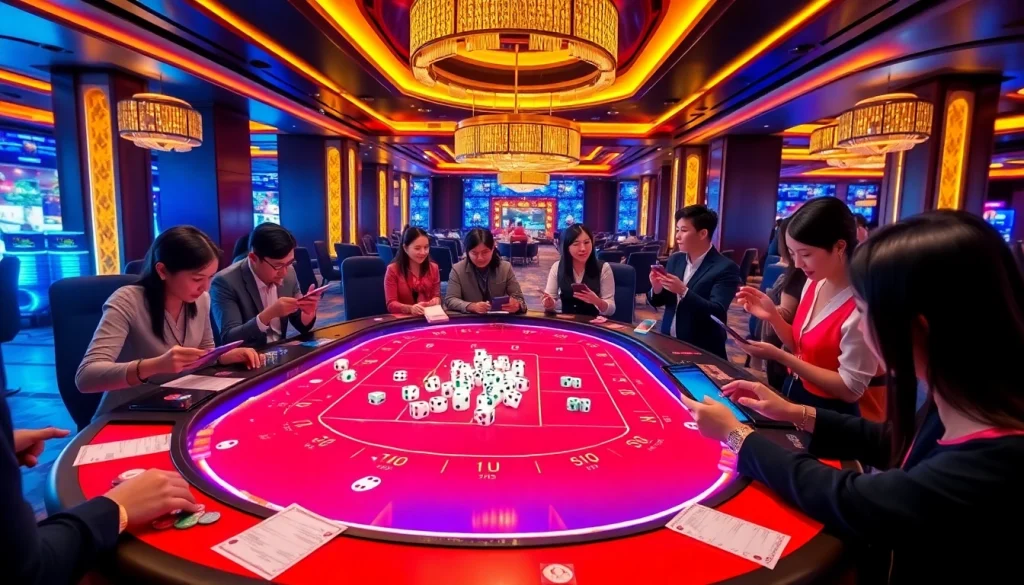 Players enjoying a thrilling game of tài xỉu in a luxurious online casino atmosphere.