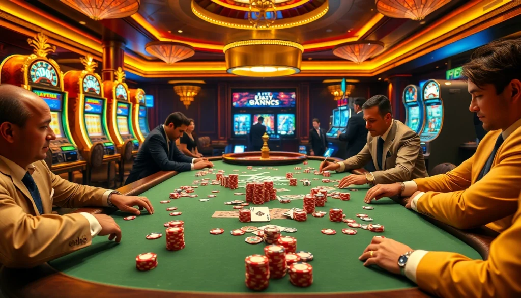 EE88 poker players engaging in a thrilling game at a luxurious casino table.