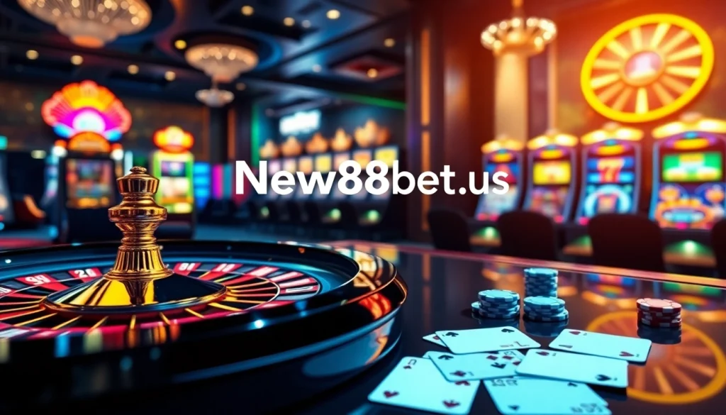 Experience the thrill of New88bet.us with vibrant casino visuals showcasing roulette, cards, and slot machines.
