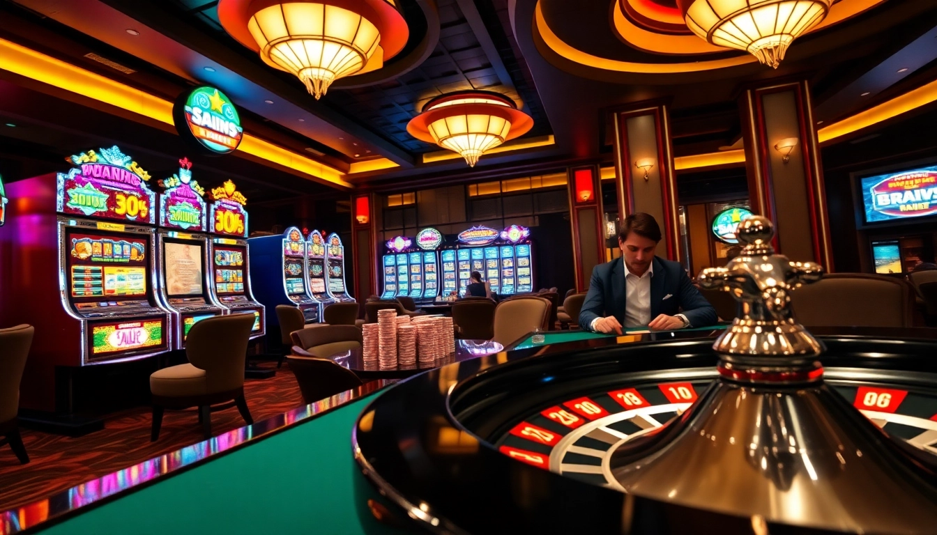 Playing at nv casino with vibrant slots, poker chips stacked high, and thrilling atmosphere.