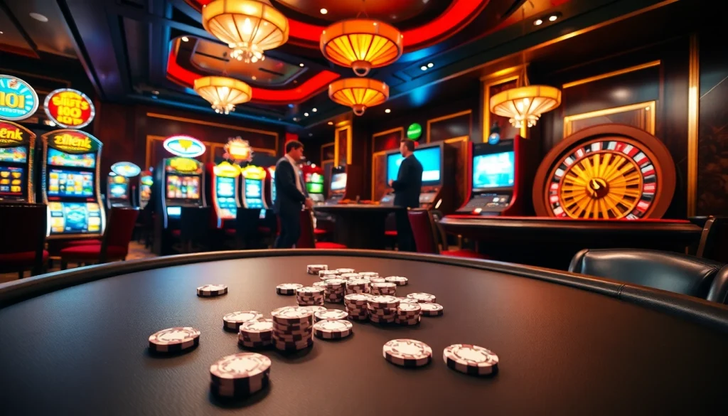 Experience excitement at 8kbet with luxurious casino elements like poker tables and slot machines.
