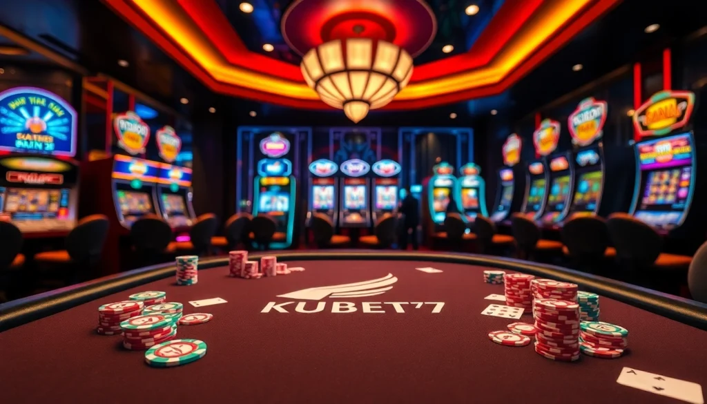 Experience thrilling gaming at KUBET77 with poker tables and vibrant casino elements.