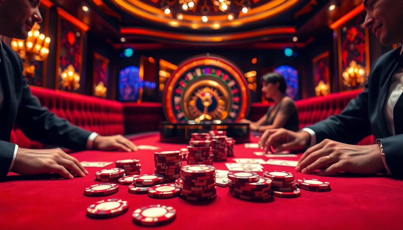Players strategizing at the B52club poker table, surrounded by vibrant casino elements.