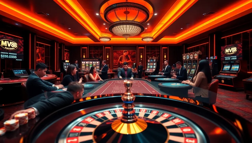 Experience the thrill of MV 88 gaming with dynamic players at luxurious casino tables.