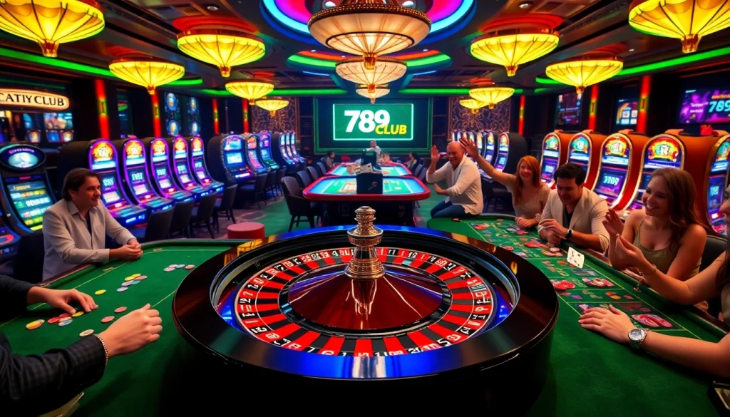 Players enjoying a thrilling moment at 789CLUB's vibrant casino atmosphere with roulette and poker excitement.