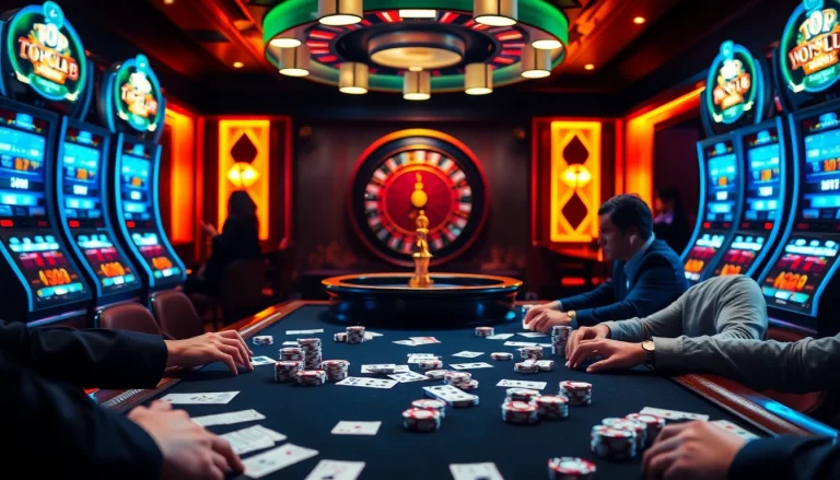 Experience thrilling gameplay at the TOP CLUB with poker chips and high-stakes cards.
