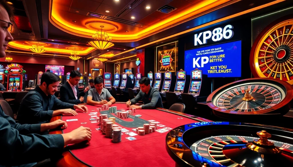 Experience thrilling gameplay at KP88 with poker chips and an action-packed casino scene.