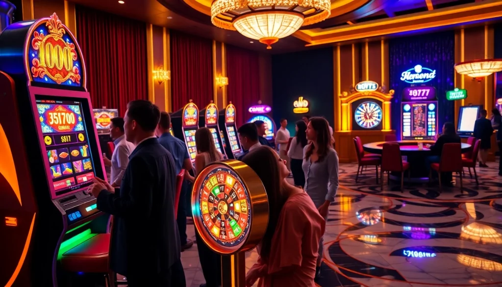 Players engaging with the lively slot777 machine in a luxurious casino setting.