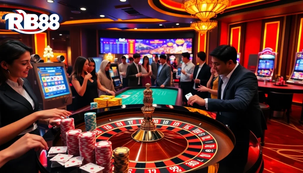 Players enjoying the exciting gambling experience at RR88 with vibrant casino tables and colorful chips.