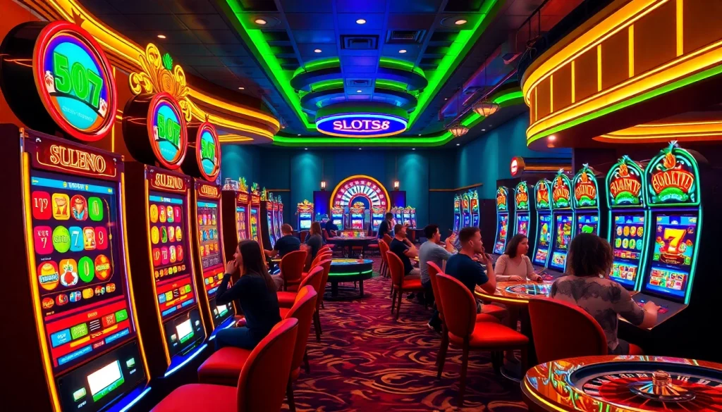 Win big at SLOTS8 with stunning slot machines and energetic players in a vibrant casino.