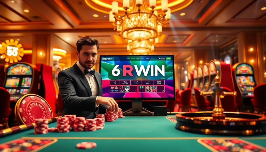 Experience the thrill of winning at 6RWIN with vibrant casino visuals featuring poker chips and slot machines.