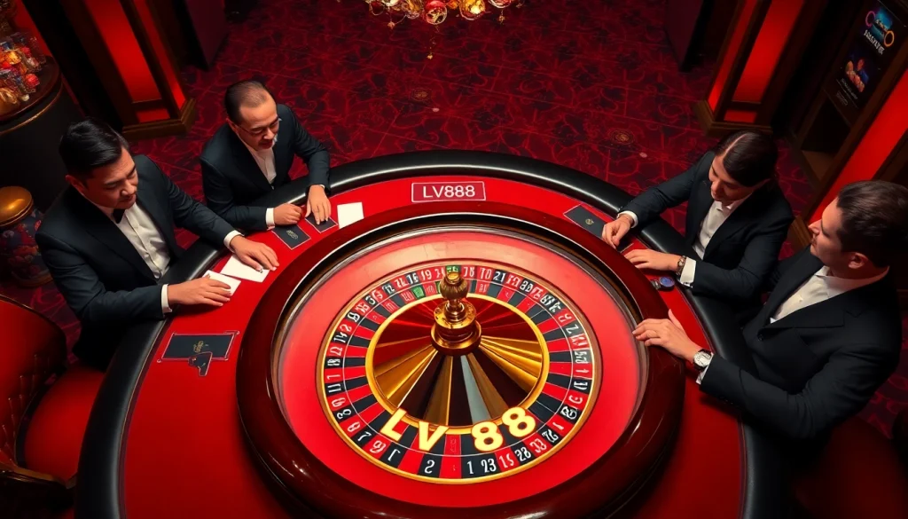 Players enjoying an exciting game at the LV88 roulette table in a luxurious casino.