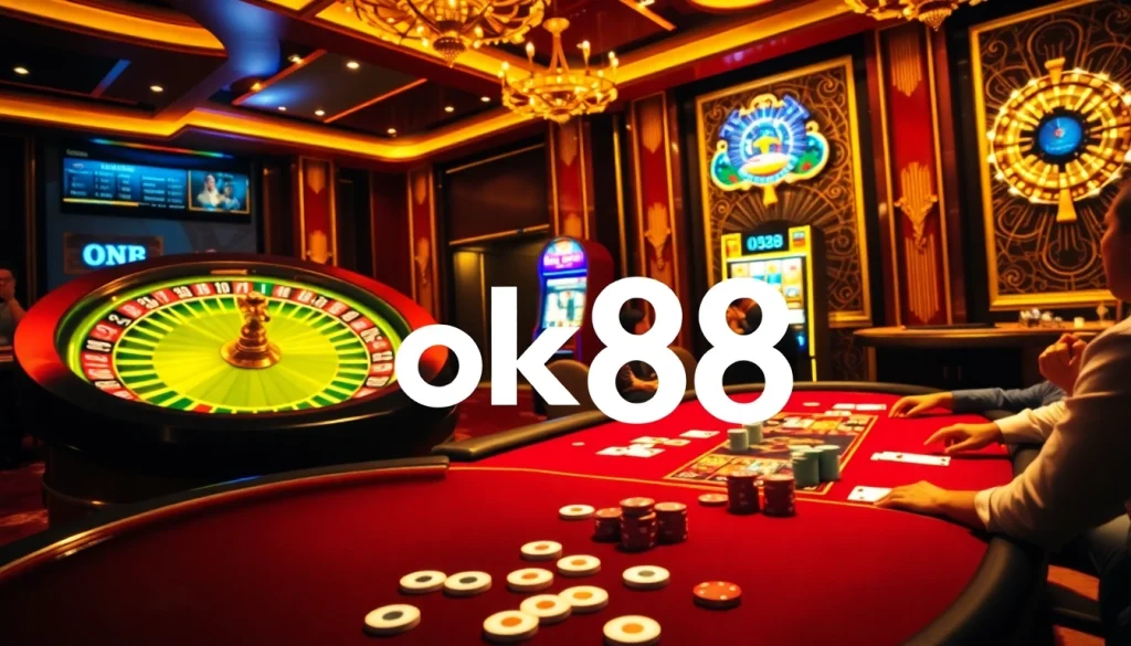 Experience the thrill of ok88 casino gaming with poker and roulette in a lively atmosphere.
