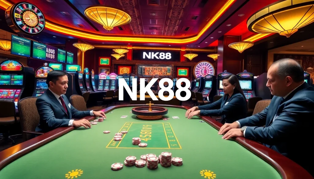 NK88 casino scene featuring poker action and vibrant slot machines.