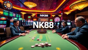 NK88 casino scene featuring poker action and vibrant slot machines.