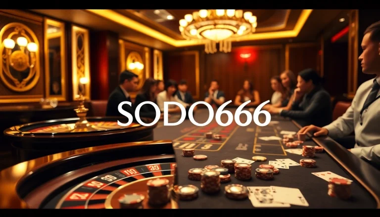 SODO66 players enjoying an exciting moment at a luxurious casino table with roulette and poker elements.