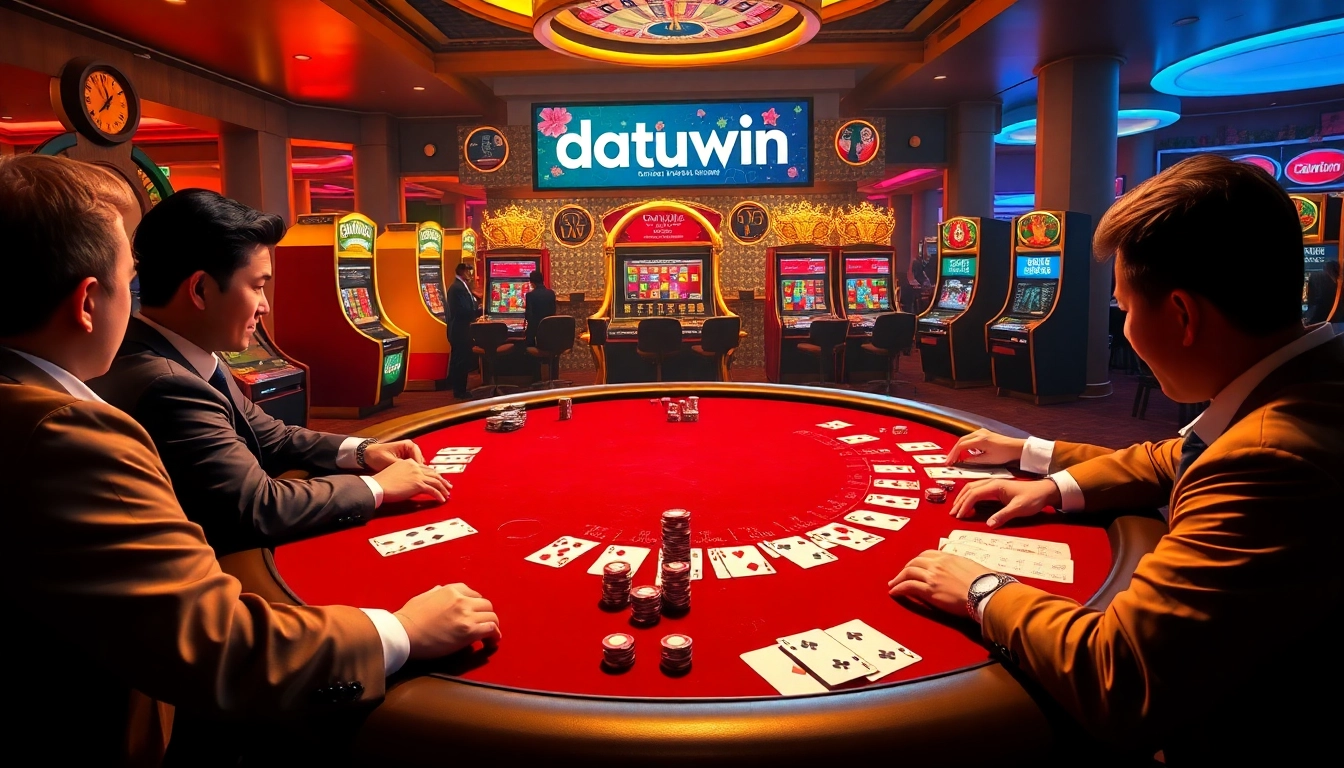 Rasakan poker taruhan tinggi di kasino mewah yang menampilkan Datukwin dan mesin slot yang penuh warna.