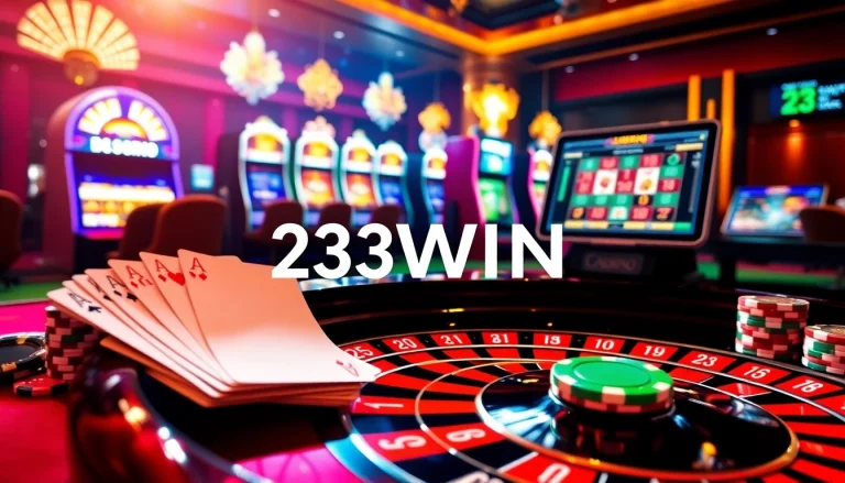 Experience thrilling gaming action at 23WIN with vibrant casino elements like poker chips and roulette.