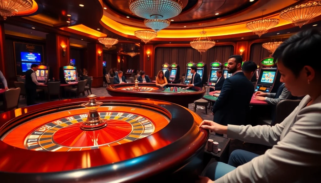 Kuwin players enjoying a vibrant casino atmosphere with roulette wheels and slot machines.