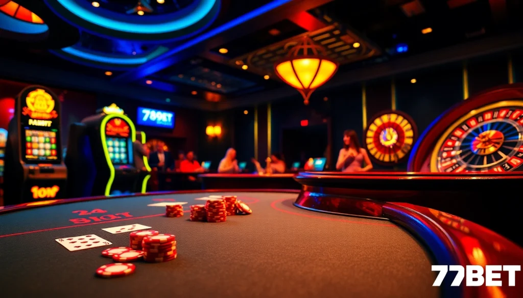 Captivating casino atmosphere showcasing a 789BET gaming table with chips and cards, immersing players in excitement.