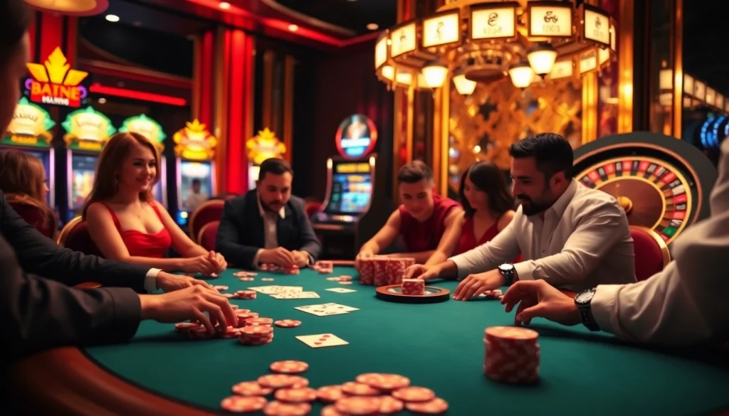 Players engaged at a poker table in a vibrant casino, highlighting vn168 excitement and strategy.
