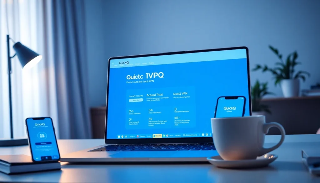 在笔记本电脑上显示的 QuickQ官网界面，象征安全的互联网访问。