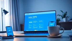 在笔记本电脑上显示的 QuickQ官网界面，象征安全的互联网访问。