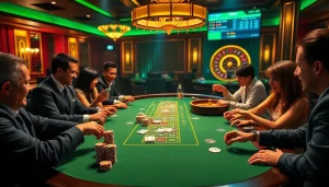 b52club players enjoying an exciting game at a luxurious casino table amidst vibrant colors and dynamic atmosphere.