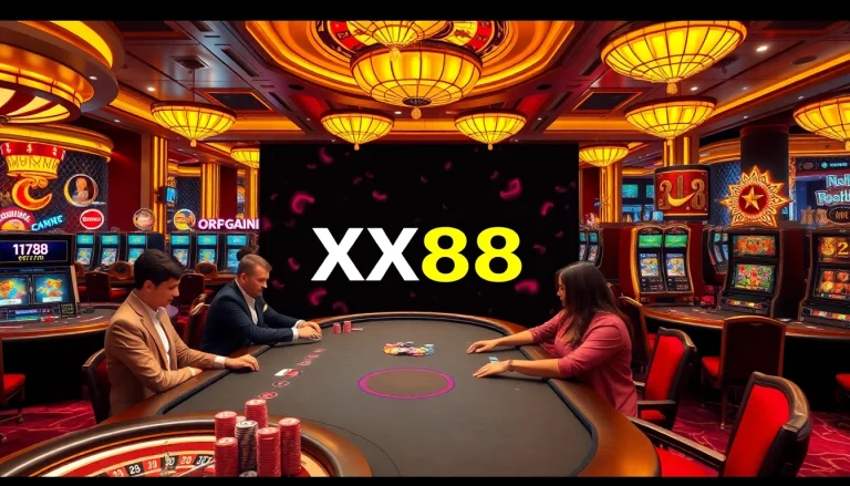 Experience the excitement of XX88 at a vibrant casino with colorful poker tables and thrilling games.