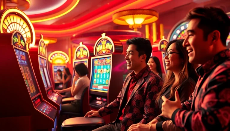 Nổ hũ themed slot machine with players celebrating a win at a vibrant casino scene.