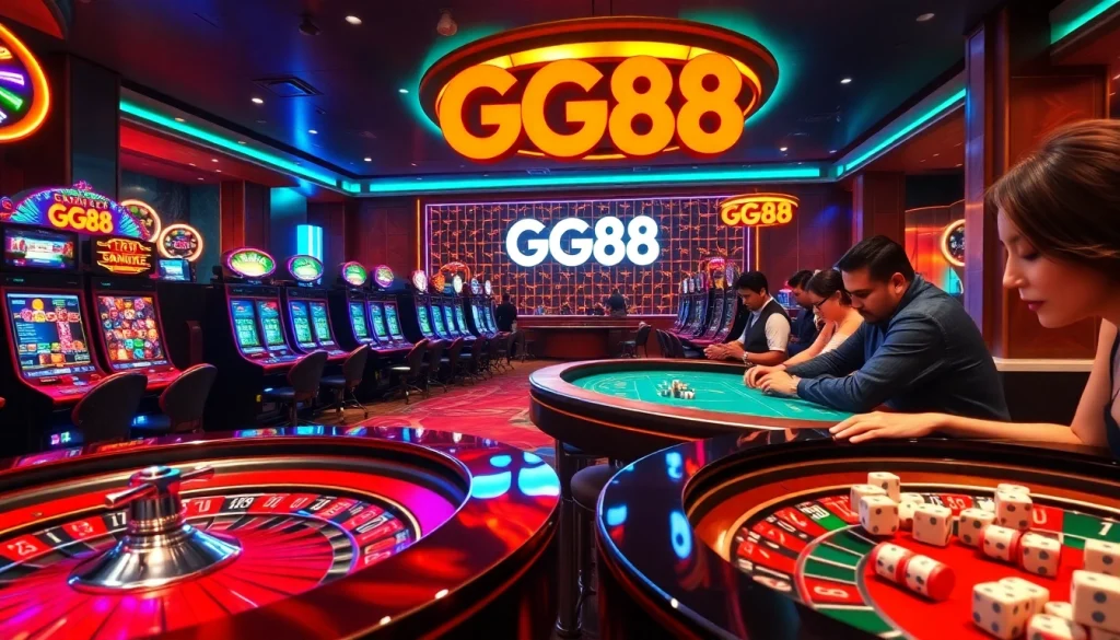 Excited players enjoying a luxurious GG88 casino experience at colorful gaming tables.