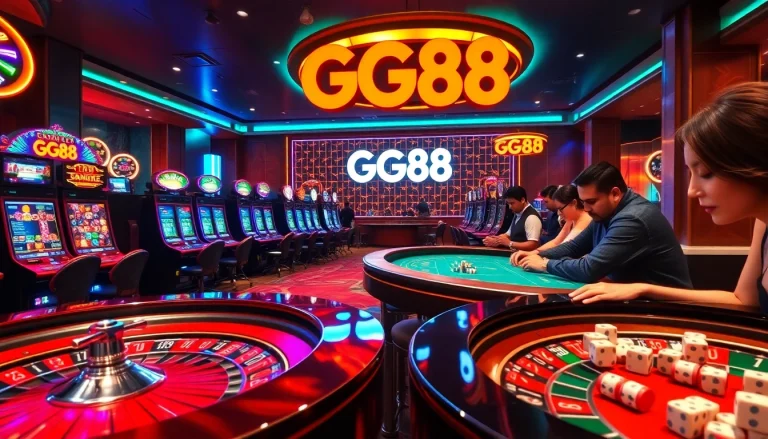 Excited players enjoying a luxurious GG88 casino experience at colorful gaming tables.