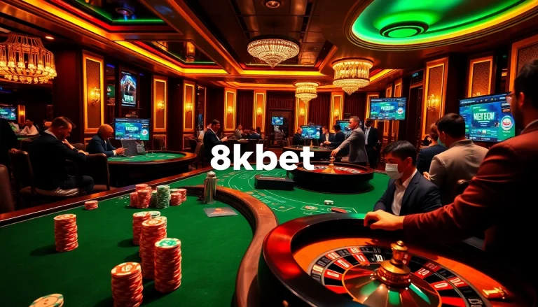 Experience thrilling gameplay at 8kbet with exciting casino tables, poker chips, and online interfaces.