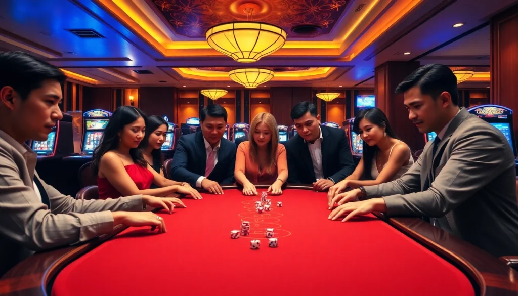 MM88 gaming table with excited players, showcasing luxury poker chips and vibrant slot machines.