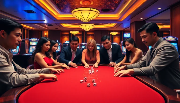 MM88 gaming table with excited players, showcasing luxury poker chips and vibrant slot machines.
