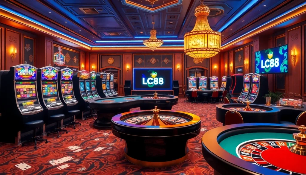 Experience the thrill of LC88 in a vibrant casino with slot machines and poker tables brimming with excitement.