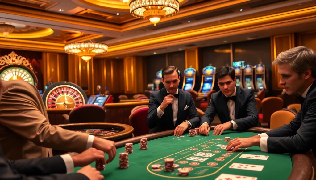Experience high-stakes action at the 8KBET casino, featuring poker tables and roulette.