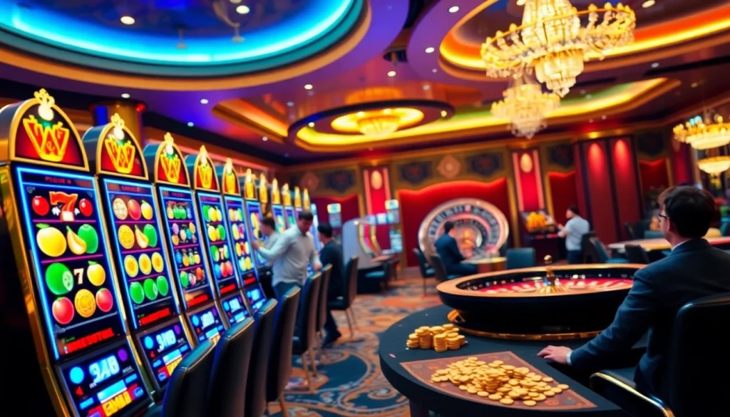 Experience the thrill of slot777 gaming with vibrant slot machines and roulette tables in action.