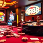 Exciting gaming scene featuring RR88 logo with luxurious table games and vibrant casino elements.