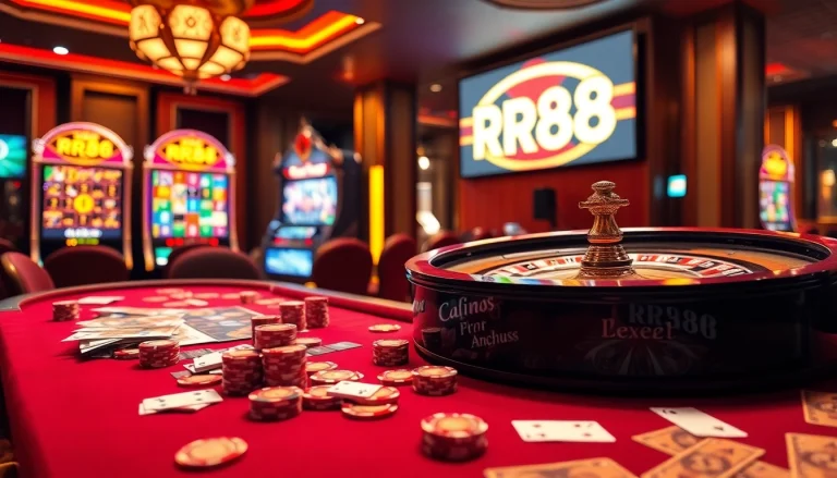 Exciting gaming scene featuring RR88 logo with luxurious table games and vibrant casino elements.