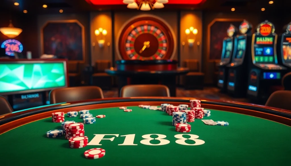 Engage with the luxurious F168 casino tables filled with poker chips and slot machines.
