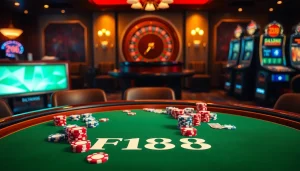 Engage with the luxurious F168 casino tables filled with poker chips and slot machines.