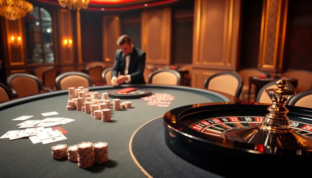 SX88 gaming table scene featuring poker chips and a roulette wheel in a luxury casino.