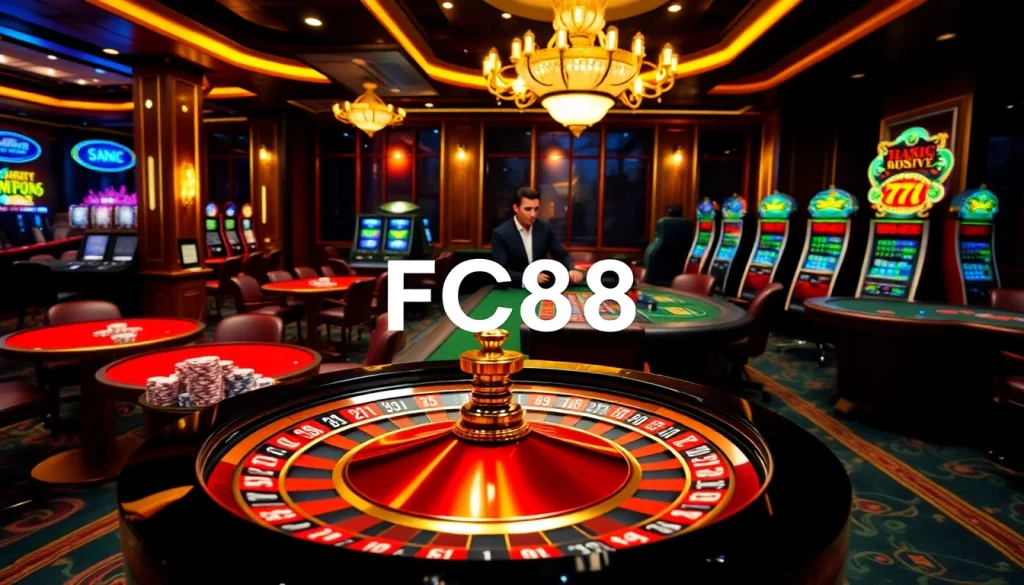 Experience thrilling online gaming at FC88 with exciting tables and vibrant casino ambiance.