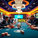 Engaged players enjoying poker and slot machines at a luxurious casino featuring 78WIN COM.
