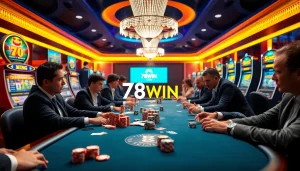 Engaged players enjoying poker and slot machines at a luxurious casino featuring 78WIN COM.